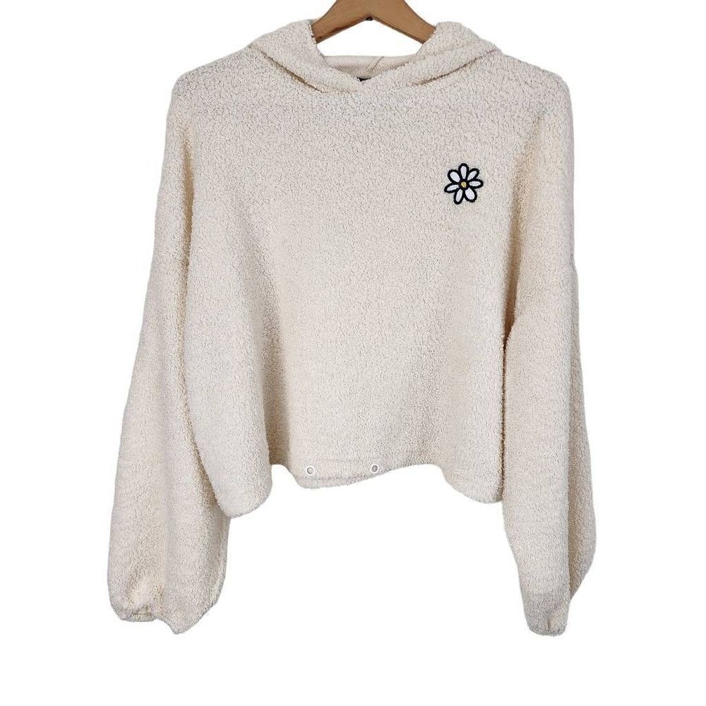 Polly & Esther Fleece Cropped Hoodie. Embroidered flower. Oversized.